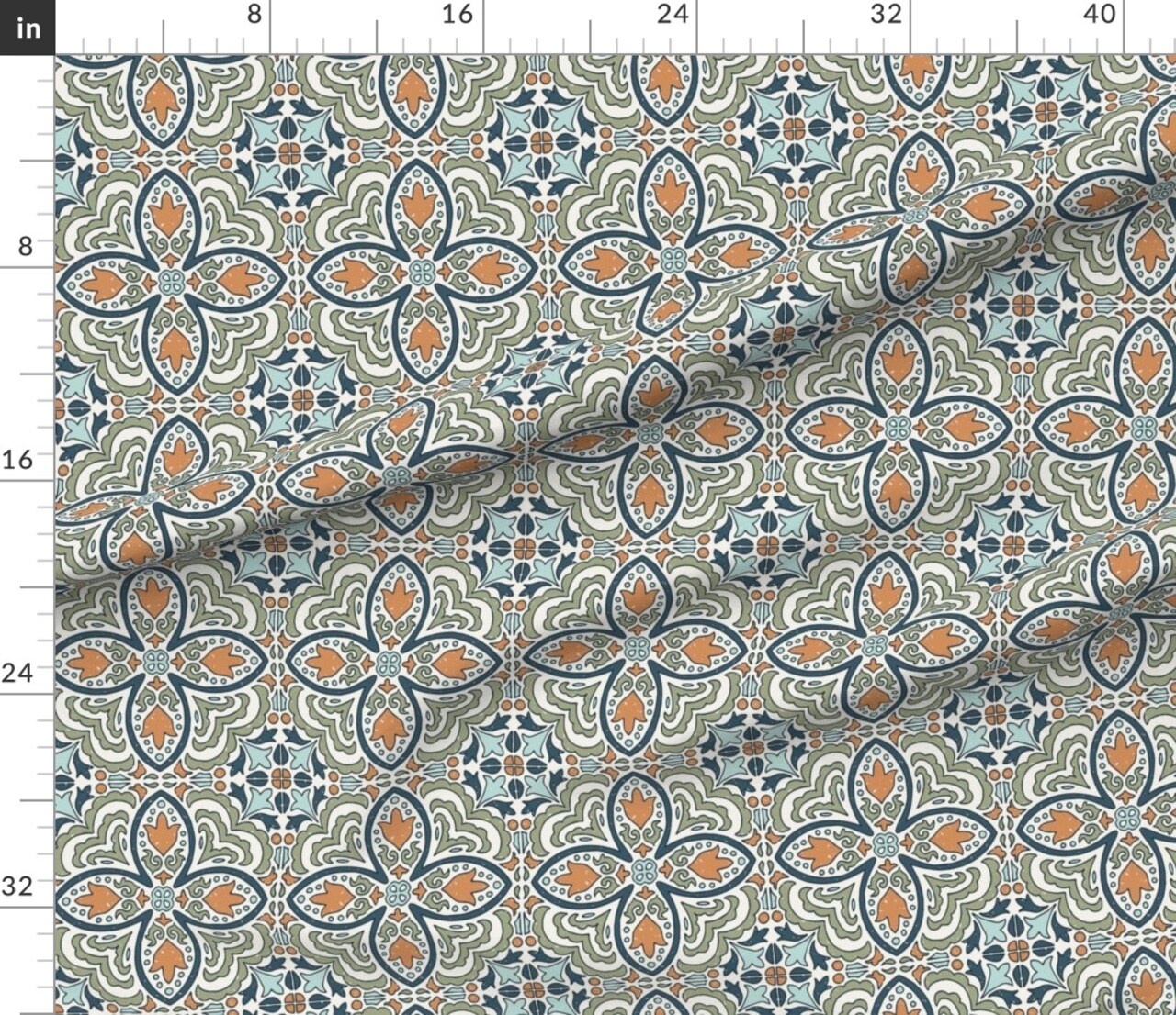 Blue Floral Geometric Tile Italian Distressed Rosette Quatrefoil Tulip Large Scale Roman Mosaic Custom Printed Fabric by Spoonflower Various Fabrics by the Yard or Fat Quarter